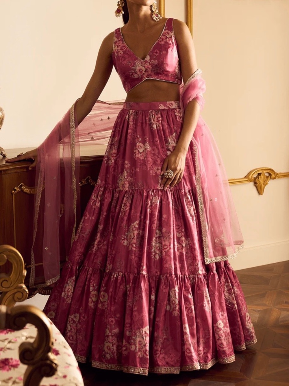 Floral Tiered Maxi Skirt in Deep Rose Pink